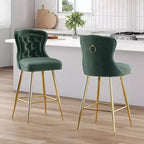 PexFix Lot de 2 tabourets de bar en velours, hauteur comptoir, pieds en métal, dossier à oreilles capitonné avec boutons et clous décoratifs, couleur verte