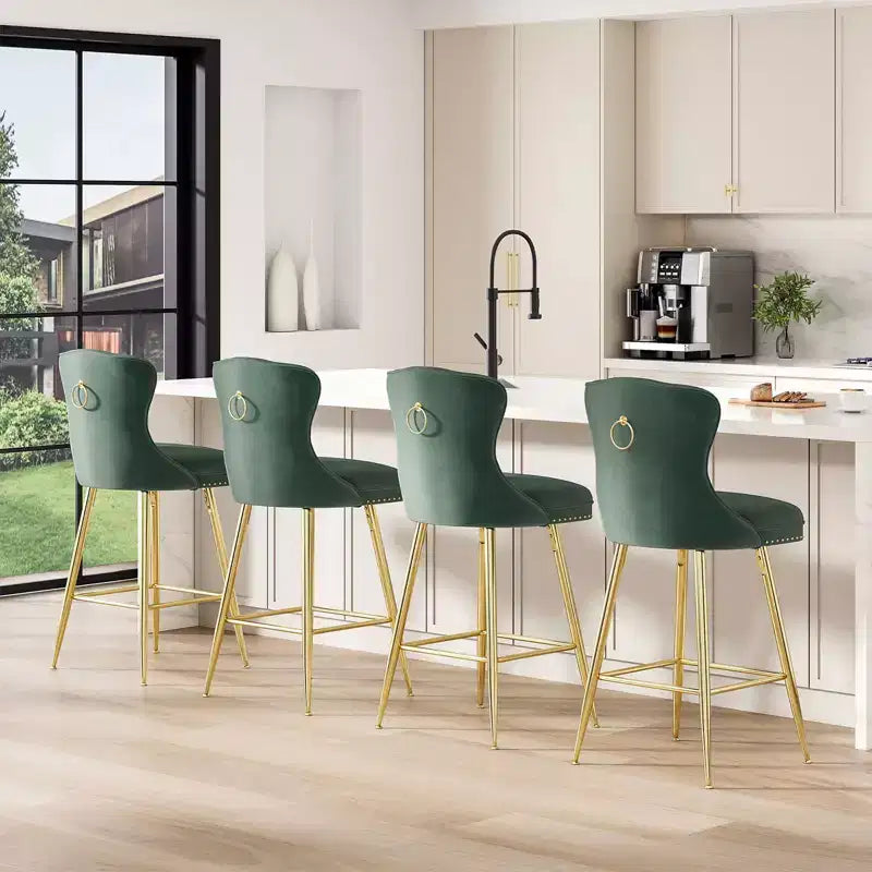 PexFix Lot de 2 tabourets de bar en velours, hauteur comptoir, pieds en métal, dossier à oreilles capitonné avec boutons et clous décoratifs, couleur verte
