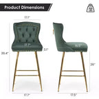 PexFix Lot de 2 tabourets de bar en velours, hauteur comptoir, pieds en métal, dossier à oreilles capitonné avec boutons et clous décoratifs, couleur verte