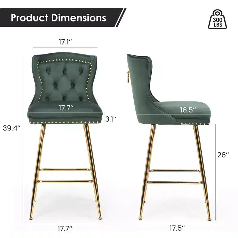 PexFix Lot de 2 tabourets de bar en velours, hauteur comptoir, pieds en métal, dossier à oreilles capitonné avec boutons et clous décoratifs, couleur verte