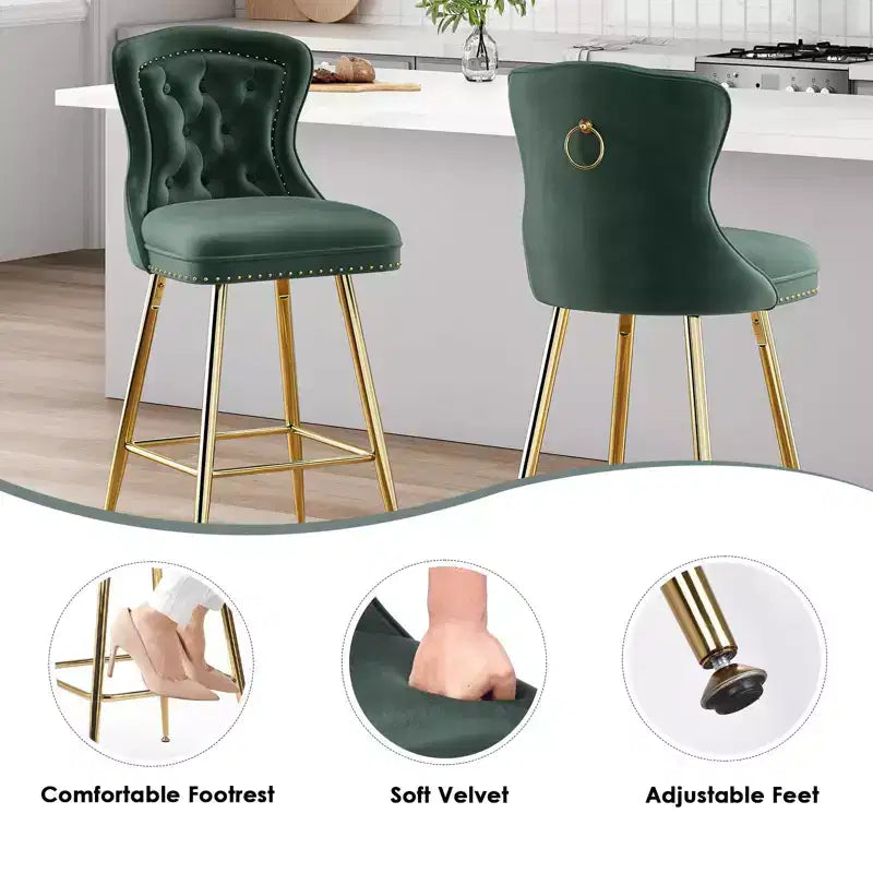 PexFix Lot de 2 tabourets de bar en velours, hauteur comptoir, pieds en métal, dossier à oreilles capitonné avec boutons et clous décoratifs, couleur verte