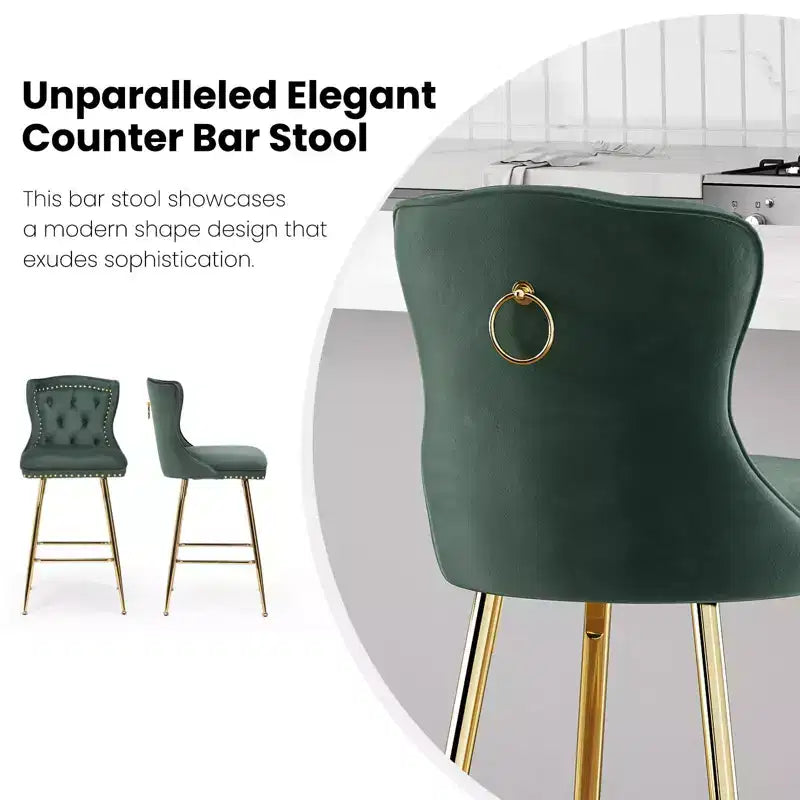 PexFix Lot de 2 tabourets de bar en velours, hauteur comptoir, pieds en métal, dossier à oreilles capitonné avec boutons et clous décoratifs, couleur verte