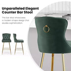 PexFix Lot de 2 tabourets de bar en velours, hauteur comptoir, pieds en métal, dossier à oreilles capitonné avec boutons et clous décoratifs, couleur verte