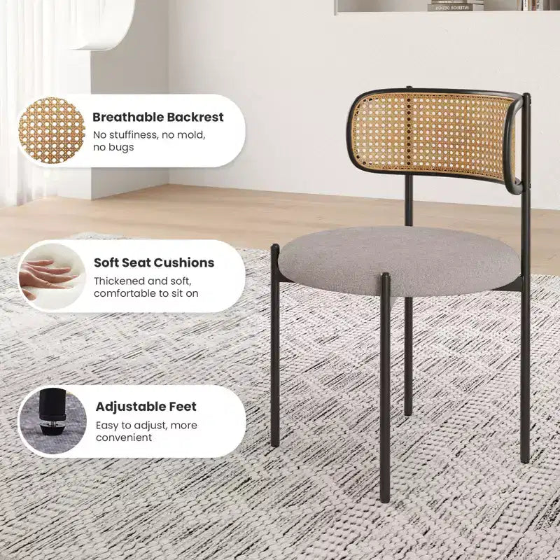 PexFix Lot de 4 chaises de salle à manger modernes rembourrées avec dossier en rotin, chaises d'appoint de cuisine avec pieds en métal, gris clair