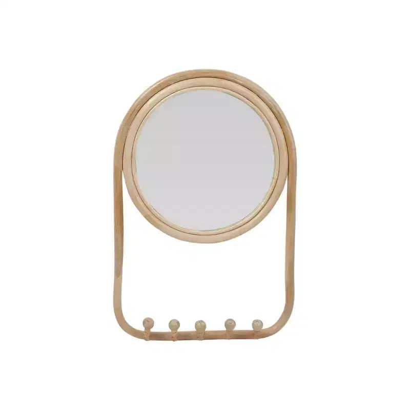 Storied Home Round Rattan Framed Wall Mirror with 5 Hooks, Natural