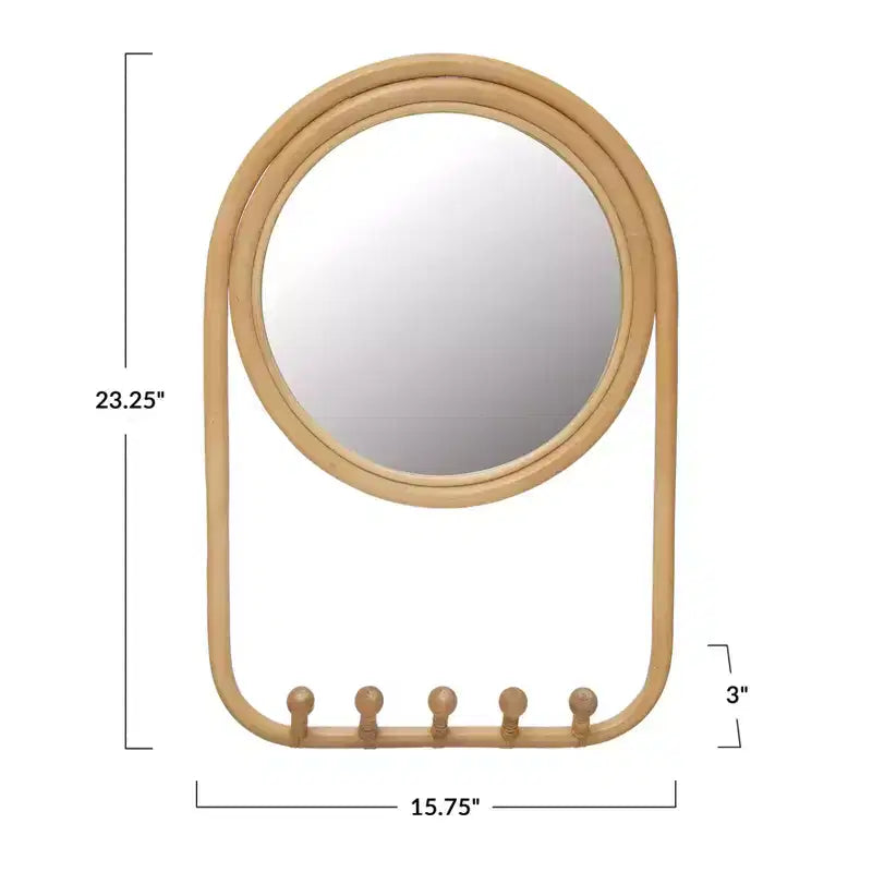 Miroir mural rond encadré en rotin Storied Home avec 5 crochets, naturel