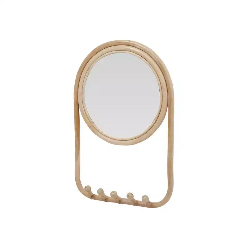 Miroir mural rond encadré en rotin Storied Home avec 5 crochets, naturel