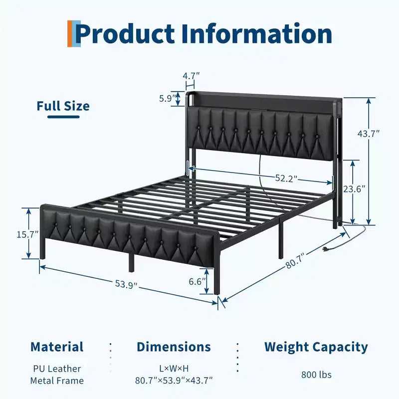 Lit avec tête de lit en cuir PU et station de charge, lit plateforme de rangement entièrement métallique, sans bruit, pas besoin de sommier tapissier, noir
