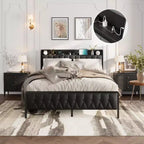 Lit avec tête de lit en cuir PU et station de charge, lit plateforme de rangement entièrement métallique, sans bruit, pas besoin de sommier tapissier, noir