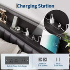 Lit avec tête de lit en cuir PU et station de charge, lit plateforme de rangement entièrement métallique, sans bruit, pas besoin de sommier tapissier, noir