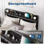 Lit avec tête de lit en cuir PU et station de charge, lit plateforme de rangement entièrement métallique, sans bruit, pas besoin de sommier tapissier, noir