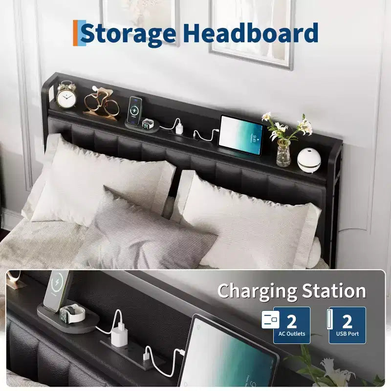 Lit avec tête de lit en cuir PU et station de charge, lit plateforme de rangement entièrement métallique, sans bruit, pas besoin de sommier tapissier, noir
