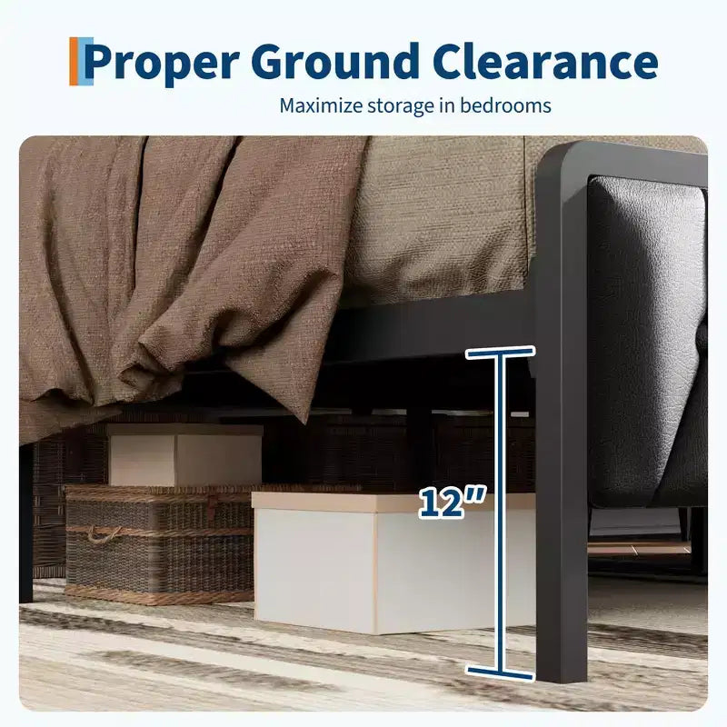 Lit avec tête de lit en cuir PU et station de charge, lit plateforme de rangement entièrement métallique, sans bruit, pas besoin de sommier tapissier, noir