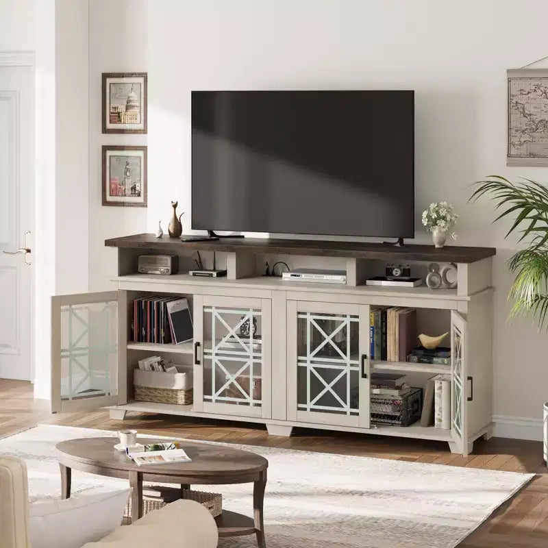 Meuble TV de ferme GustoWave 70.9, meuble de divertissement avec porte vitrée et lumières LED pour salon, chambre à coucher