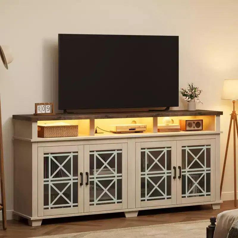 Meuble TV de ferme GustoWave 70.9, meuble de divertissement avec porte vitrée et lumières LED pour salon, chambre à coucher