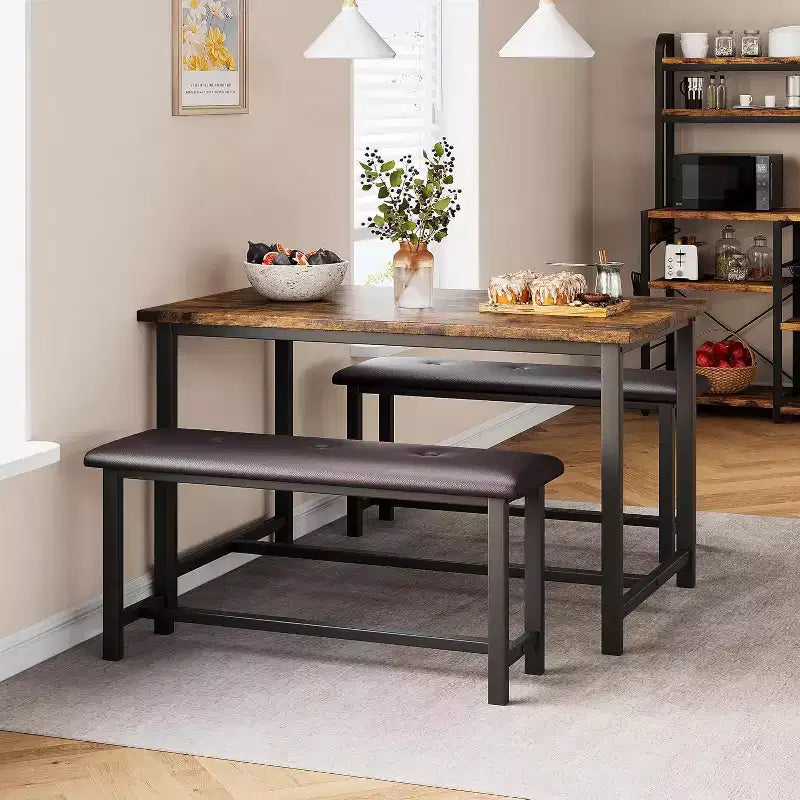 Ensemble table de salle à manger CuisinSmart avec 2 bancs, ensemble table de salle à manger pour 4 personnes avec 2 bancs rembourrés en PU, ensemble table de salle à manger rectangulaire