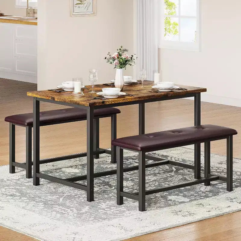 Ensemble table de salle à manger CuisinSmart avec 2 bancs, ensemble table de salle à manger pour 4 personnes avec 2 bancs rembourrés en PU, ensemble table de salle à manger rectangulaire