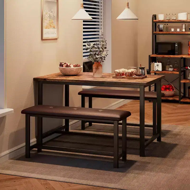 Ensemble table de salle à manger CuisinSmart avec 2 bancs, ensemble table de salle à manger pour 4 personnes avec 2 bancs rembourrés en PU, ensemble table de salle à manger rectangulaire