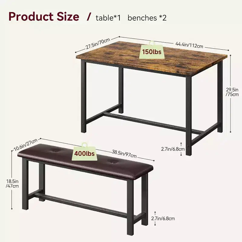 Ensemble table de salle à manger CuisinSmart avec 2 bancs, ensemble table de salle à manger pour 4 personnes avec 2 bancs rembourrés en PU, ensemble table de salle à manger rectangulaire