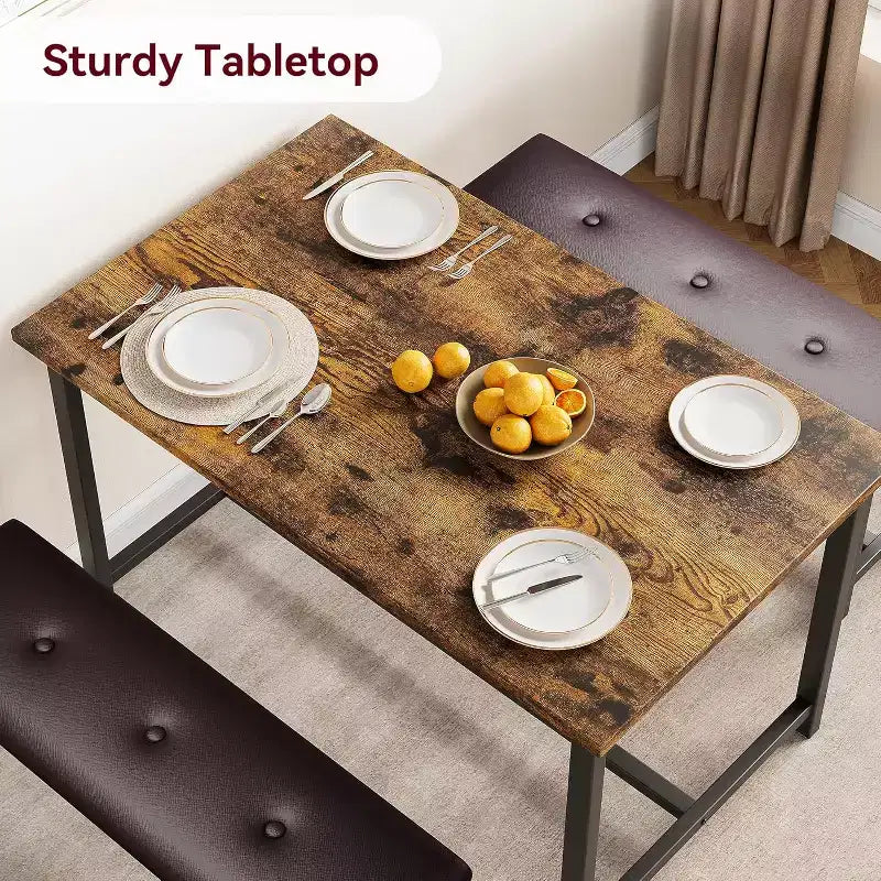 Ensemble table de salle à manger CuisinSmart avec 2 bancs, ensemble table de salle à manger pour 4 personnes avec 2 bancs rembourrés en PU, ensemble table de salle à manger rectangulaire