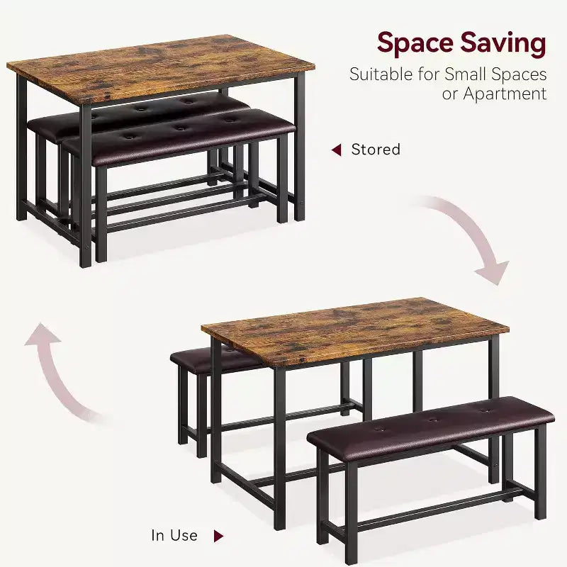 Ensemble table de salle à manger CuisinSmart avec 2 bancs, ensemble table de salle à manger pour 4 personnes avec 2 bancs rembourrés en PU, ensemble table de salle à manger rectangulaire