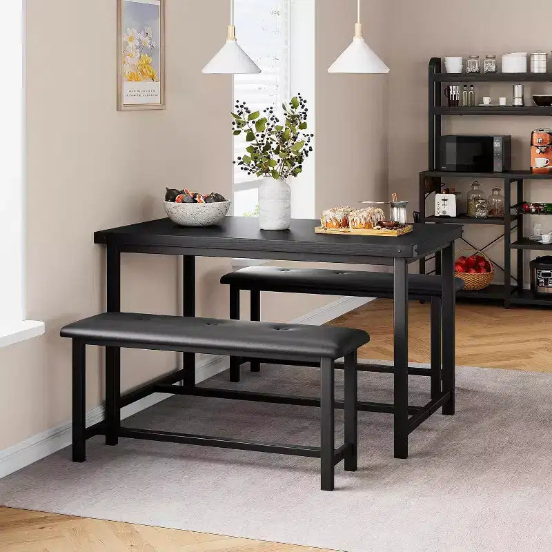 Ensemble table de salle à manger CuisinSmart avec 2 bancs, ensemble table de salle à manger pour 4 personnes avec 2 bancs rembourrés en PU, ensemble table de salle à manger rectangulaire