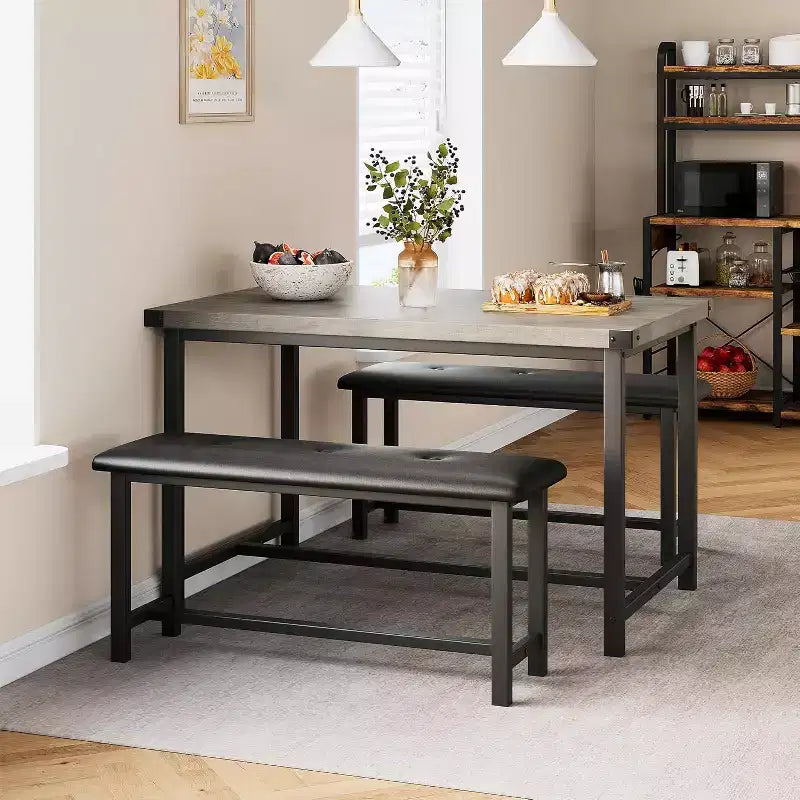 Ensemble table de salle à manger CuisinSmart avec 2 bancs, ensemble table de salle à manger pour 4 personnes avec 2 bancs rembourrés en PU, ensemble table de salle à manger rectangulaire