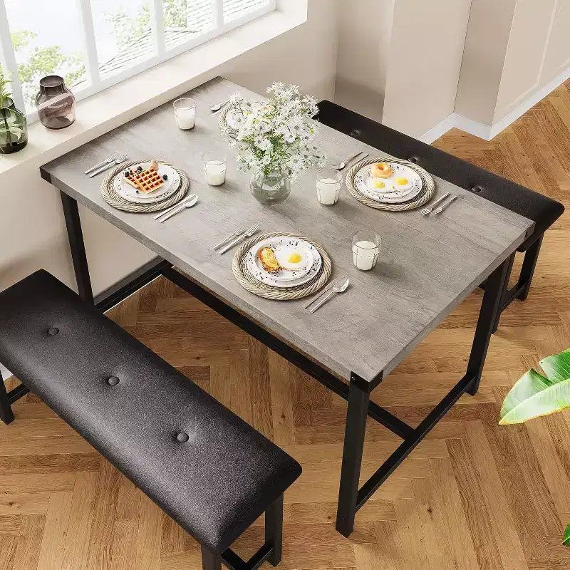 Ensemble table de salle à manger CuisinSmart avec 2 bancs, ensemble table de salle à manger pour 4 personnes avec 2 bancs rembourrés en PU, ensemble table de salle à manger rectangulaire