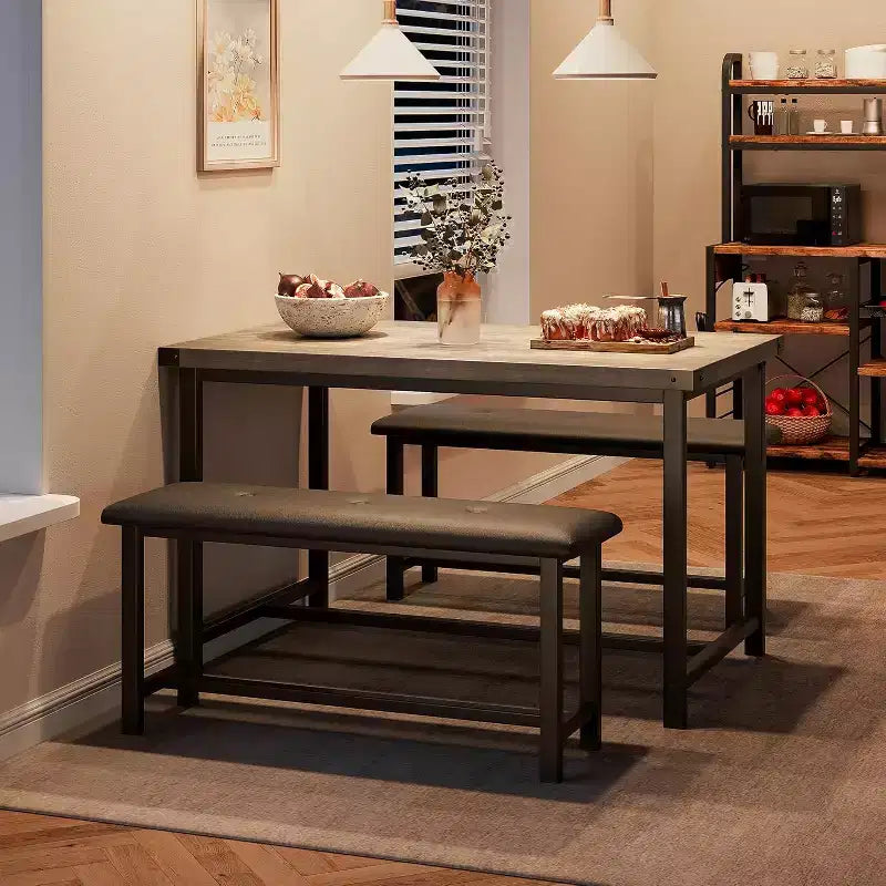 Ensemble table de salle à manger CuisinSmart avec 2 bancs, ensemble table de salle à manger pour 4 personnes avec 2 bancs rembourrés en PU, ensemble table de salle à manger rectangulaire