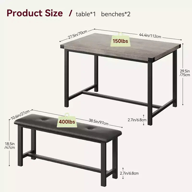 Ensemble table de salle à manger CuisinSmart avec 2 bancs, ensemble table de salle à manger pour 4 personnes avec 2 bancs rembourrés en PU, ensemble table de salle à manger rectangulaire