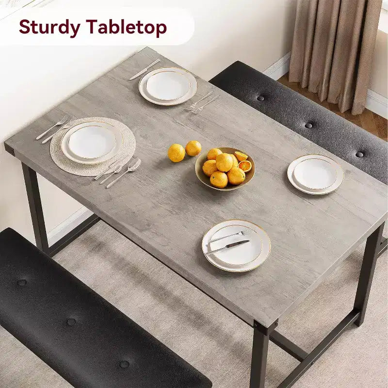 Ensemble table de salle à manger CuisinSmart avec 2 bancs, ensemble table de salle à manger pour 4 personnes avec 2 bancs rembourrés en PU, ensemble table de salle à manger rectangulaire
