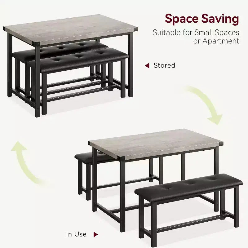 Ensemble table de salle à manger CuisinSmart avec 2 bancs, ensemble table de salle à manger pour 4 personnes avec 2 bancs rembourrés en PU, ensemble table de salle à manger rectangulaire
