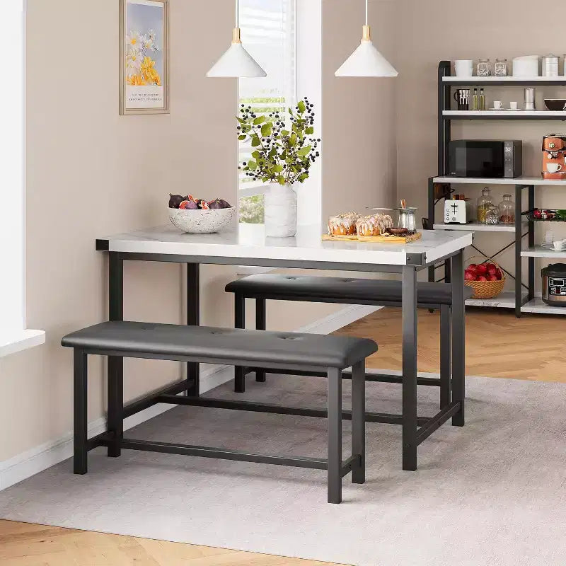 Ensemble table de salle à manger CuisinSmart avec 2 bancs, ensemble table de salle à manger pour 4 personnes avec 2 bancs rembourrés en PU, ensemble table de salle à manger rectangulaire