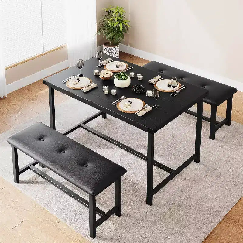 Ensemble table de salle à manger CuisinSmart avec 2 bancs, ensemble table de salle à manger pour 4 personnes avec 2 bancs rembourrés en PU, ensemble table de salle à manger rectangulaire