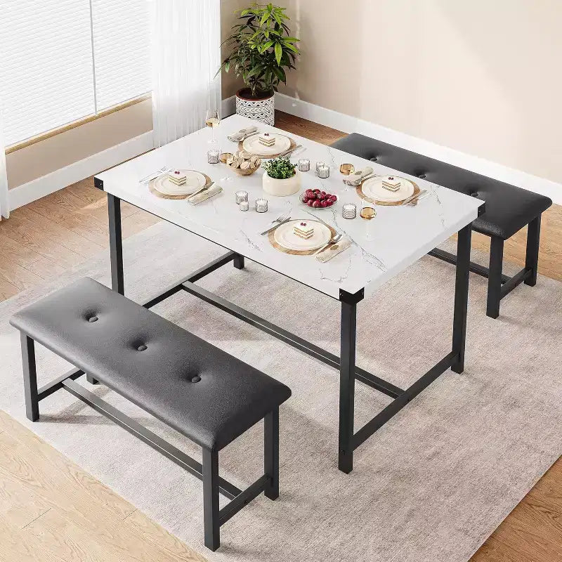 Ensemble table de salle à manger CuisinSmart avec 2 bancs, ensemble table de salle à manger pour 4 personnes avec 2 bancs rembourrés en PU, ensemble table de salle à manger rectangulaire
