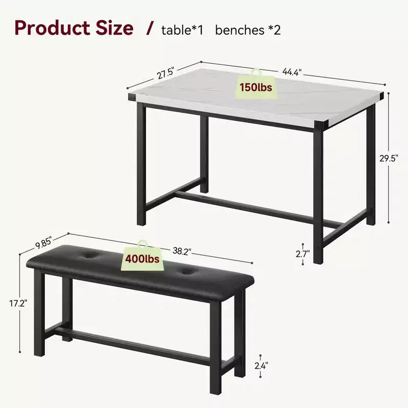 Ensemble table de salle à manger CuisinSmart avec 2 bancs, ensemble table de salle à manger pour 4 personnes avec 2 bancs rembourrés en PU, ensemble table de salle à manger rectangulaire