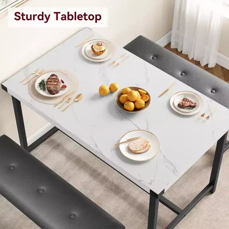 Ensemble table de salle à manger CuisinSmart avec 2 bancs, ensemble table de salle à manger pour 4 personnes avec 2 bancs rembourrés en PU, ensemble table de salle à manger rectangulaire
