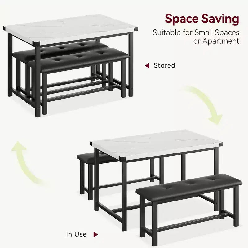 Ensemble table de salle à manger CuisinSmart avec 2 bancs, ensemble table de salle à manger pour 4 personnes avec 2 bancs rembourrés en PU, ensemble table de salle à manger rectangulaire