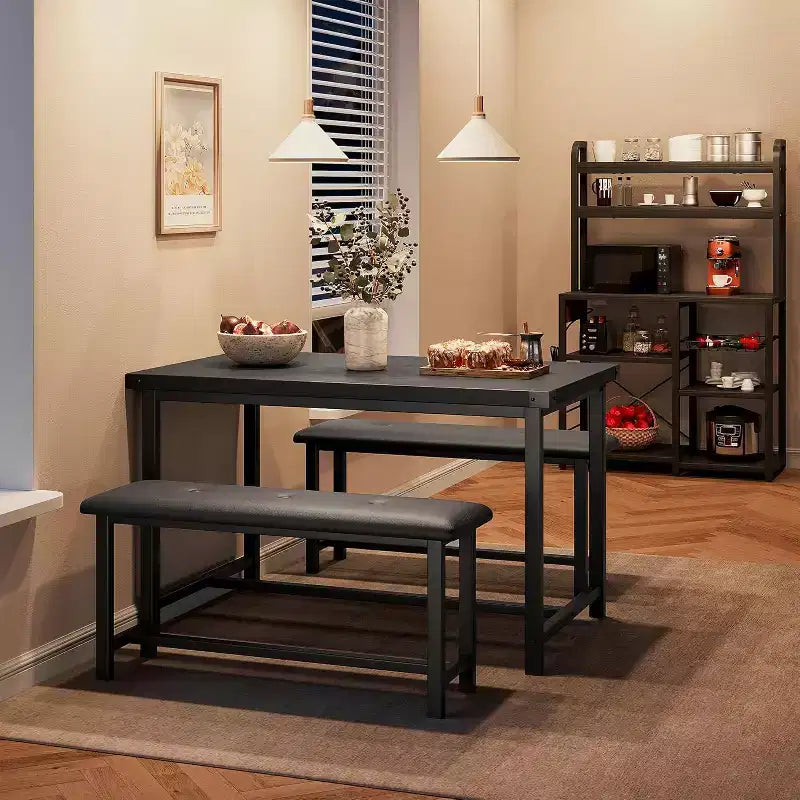 Ensemble table de salle à manger CuisinSmart avec 2 bancs, ensemble table de salle à manger pour 4 personnes avec 2 bancs rembourrés en PU, ensemble table de salle à manger rectangulaire