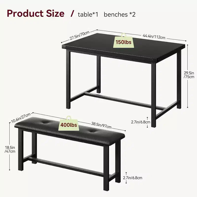 Ensemble table de salle à manger CuisinSmart avec 2 bancs, ensemble table de salle à manger pour 4 personnes avec 2 bancs rembourrés en PU, ensemble table de salle à manger rectangulaire