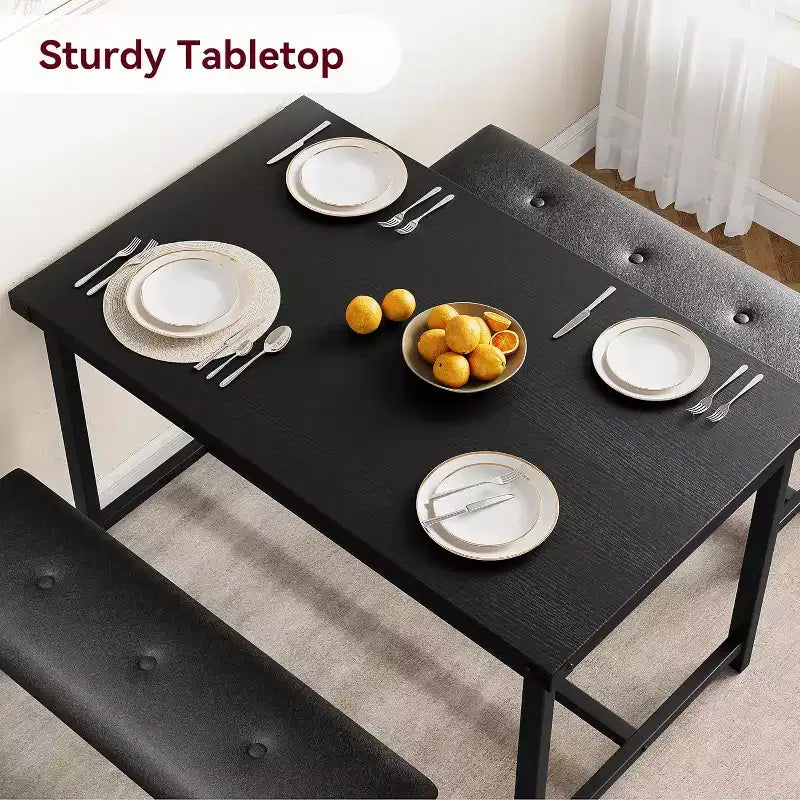 Ensemble table de salle à manger CuisinSmart avec 2 bancs, ensemble table de salle à manger pour 4 personnes avec 2 bancs rembourrés en PU, ensemble table de salle à manger rectangulaire
