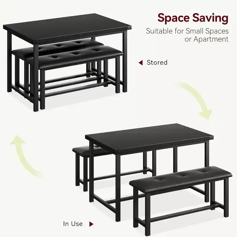 Ensemble table de salle à manger CuisinSmart avec 2 bancs, ensemble table de salle à manger pour 4 personnes avec 2 bancs rembourrés en PU, ensemble table de salle à manger rectangulaire