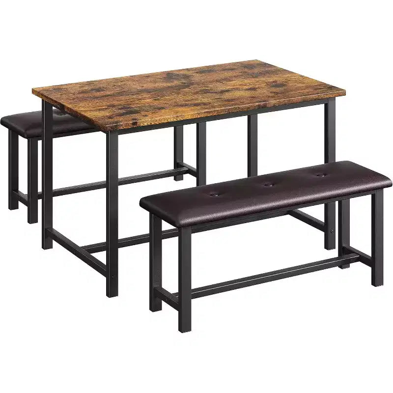 Ensemble table de salle à manger CuisinSmart avec 2 bancs, ensemble table de salle à manger pour 4 personnes avec 2 bancs rembourrés en PU, ensemble table de salle à manger rectangulaire