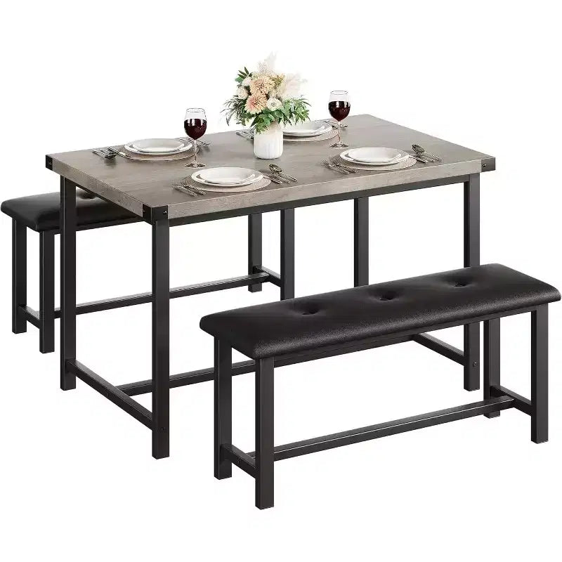 Ensemble table de salle à manger CuisinSmart avec 2 bancs, ensemble table de salle à manger pour 4 personnes avec 2 bancs rembourrés en PU, ensemble table de salle à manger rectangulaire