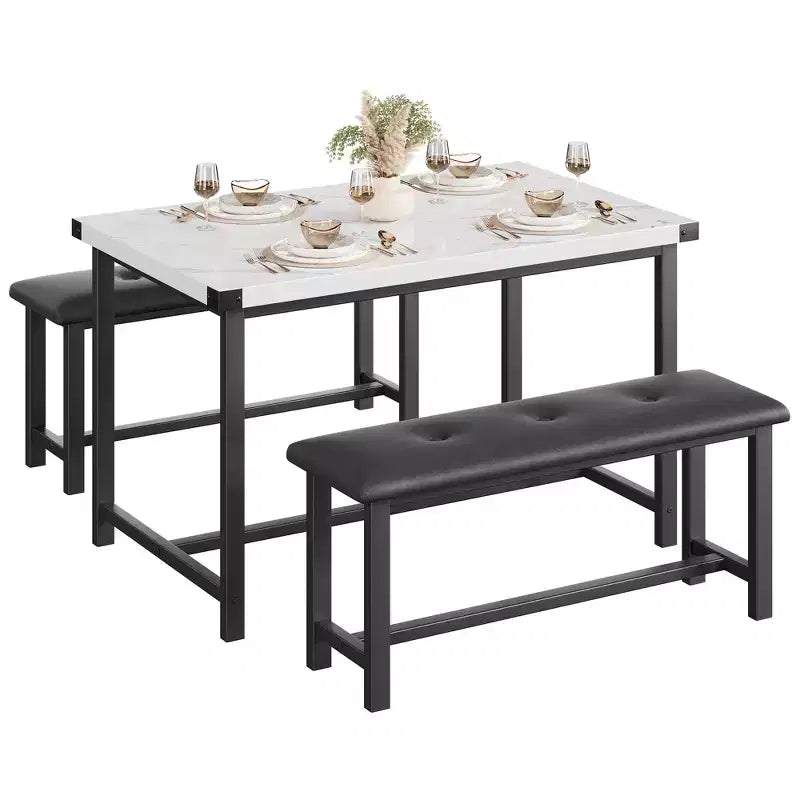Ensemble table de salle à manger CuisinSmart avec 2 bancs, ensemble table de salle à manger pour 4 personnes avec 2 bancs rembourrés en PU, ensemble table de salle à manger rectangulaire