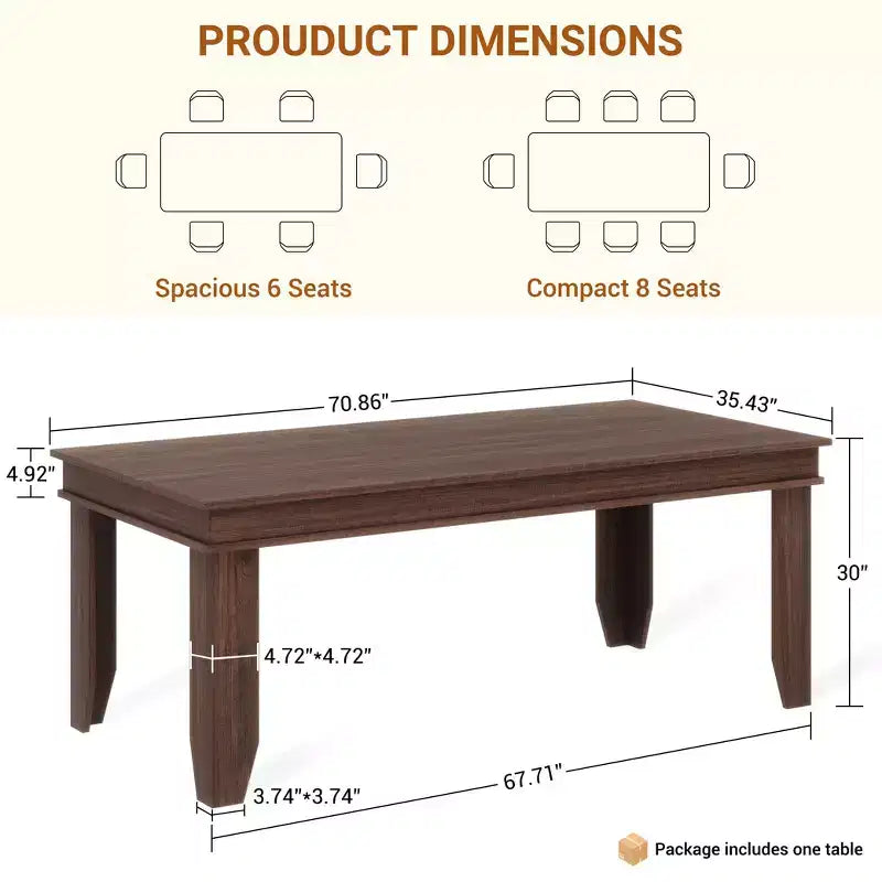 Table à manger de ferme de 180 cm pour 6 à 8 personnes, plateau épaissi, table de salle à manger rectangulaire avec pieds solides pour salon, restaurant