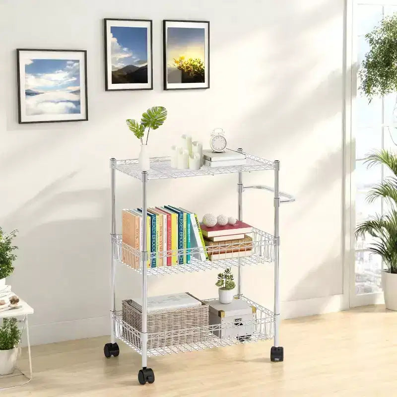 Chariot roulant à 3 niveaux en fil métallique GustoWave avec poignées pour cuisine, bar, bureau