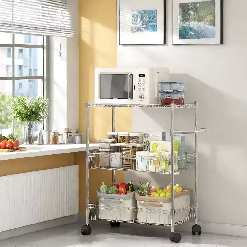 Chariot roulant à 3 niveaux en fil métallique GustoWave avec poignées pour cuisine, bar, bureau