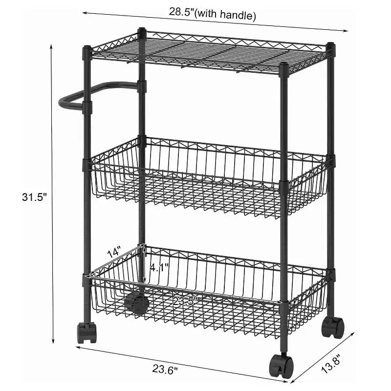 Chariot roulant à 3 niveaux en fil métallique GustoWave avec poignées pour cuisine, bar, bureau