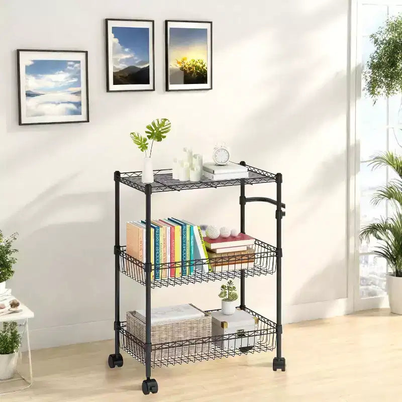 Chariot roulant à 3 niveaux en fil métallique GustoWave avec poignées pour cuisine, bar, bureau